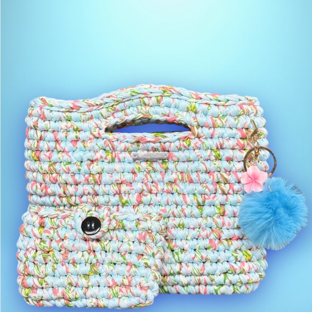 Blue Floral Woman/Kids Handbag Set with Pom-Pom Charm